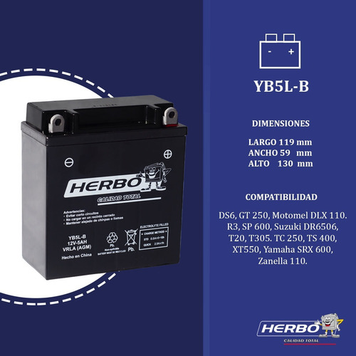 Imagen 3 de 6 de Bateria Motos Herbo Yb5l-b Agm Gel Motomel Bit 110c 05/09