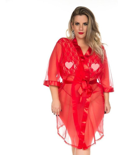 Roupão Roby Robe Renda Plus Size Vermelho Transparente 