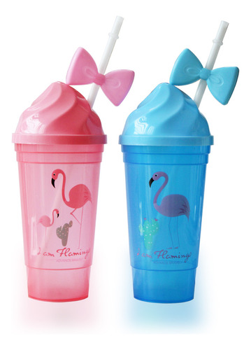 12 Vaso Reusable Flamingo Tapa Y Popote Niños 600ml Dulcero