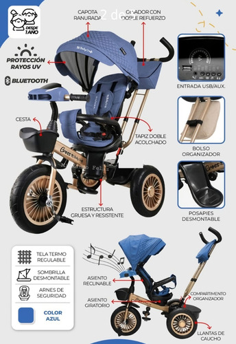 Triciclo Para Niño Evolutivo Usb Giratorio Reclinable Cros