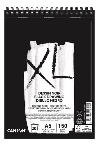 Block Canson Xl Noir 150 Grs 20 Hojas Negras A5 Con Espiral