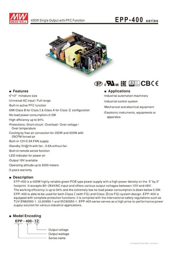Fuente Conmutada Open Frame 400w 48v/8.4a Epp-400-48