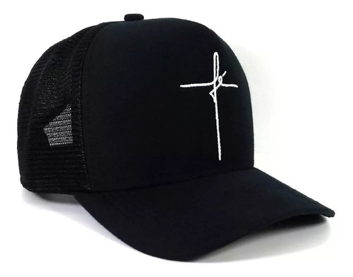 Imagem 3 de 3 de Boné Trucker Tela Preto Fé + Pulseira Couro Fé