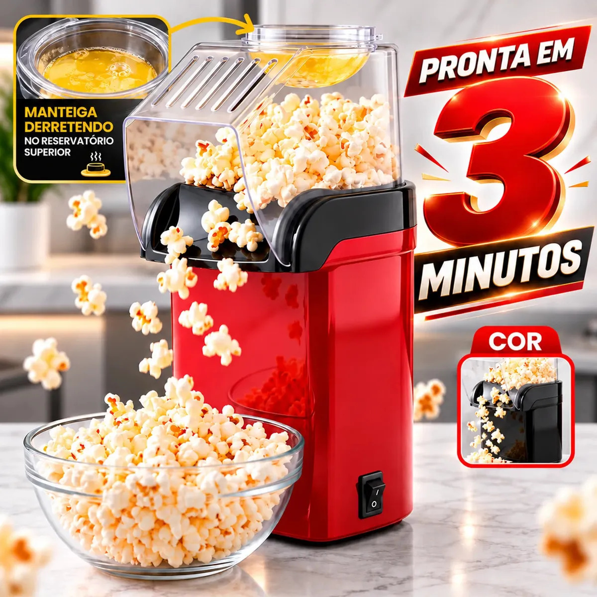 Pipoqueira Eletrica Sem Oleo Portátil Good Vision Compacta e Facil de Usar PopCorn Pipoca de Cinema em Casa - Cor Vermelho