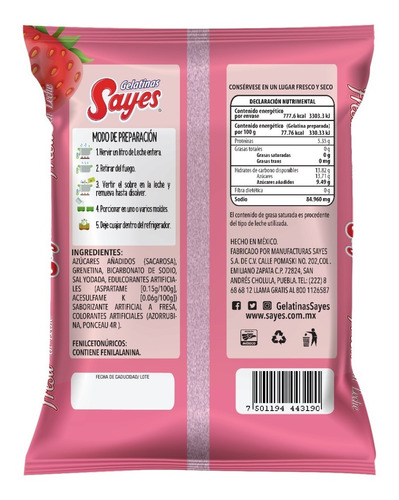 Imagen 3 de 3 de Gelatina En Polvo Sayes De Leche Sabor Fresa 120gr