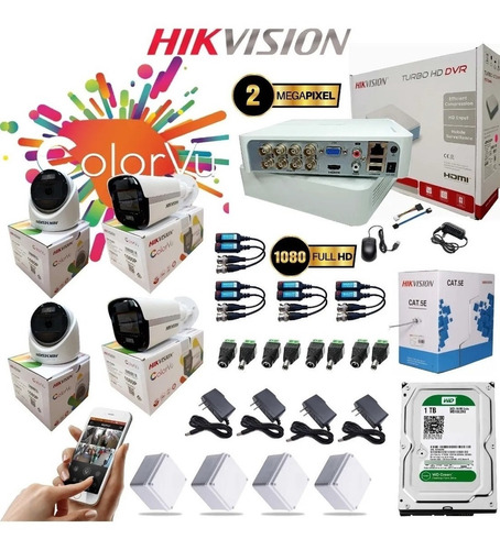 Kit Cámaras Seguridad Hikvision Dvr 8 Ch + 4 Cam Color + Dd 