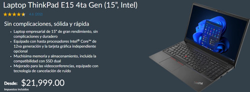 Laplenovo Thinkpad E15 15 Intel Cor I7 12 Gen 16 Gb 51 Negro (Usado)