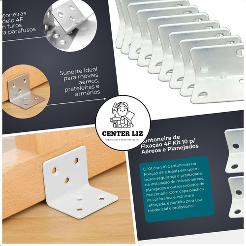 Kit Com 10 Cantoneira De Fixação 4 Furos Branco Móveis