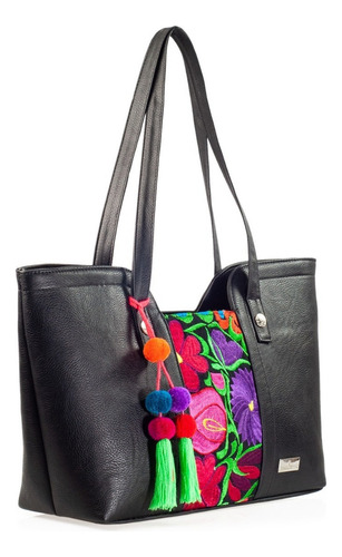 Bolsa Dama Curpiel Telar Artesanal Flores Bolso Mujer Moda Color Negro Diseño de la tela Mazatlán Flores