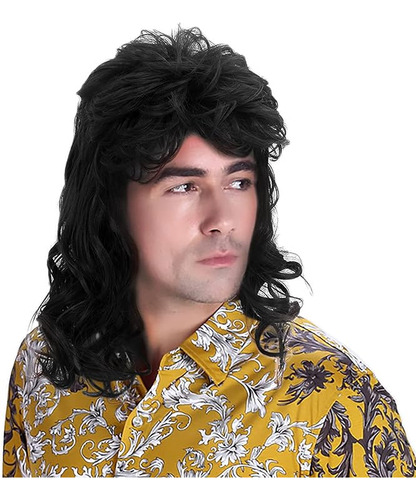 Mullet Peluca Negra Rizada Para Hombre Disfraz Halloween Pel