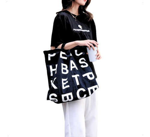 Bolso Tote Bag De Mano Cartera De Lona Tendencia Shopper Color Azul Oscuro Diseño De La Tela Estampado Con Asa Corta