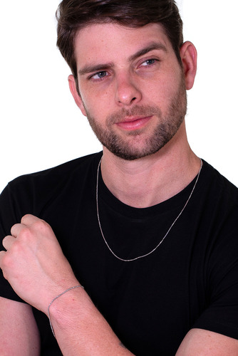 Conjunto Corrente Masculina Fina 1.2mm Prata Cj-175 Aço Inox