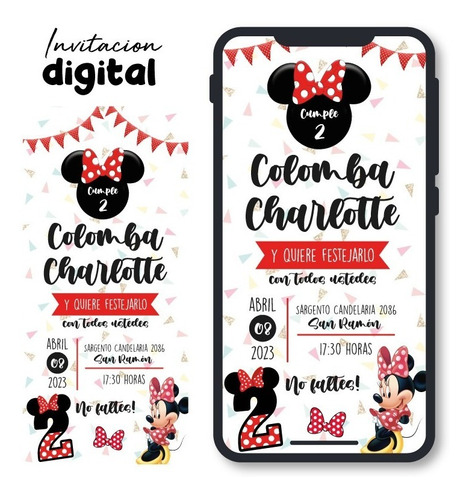 Invitación Digital Cumpleaños Bautizo / Mod Minnie Roja