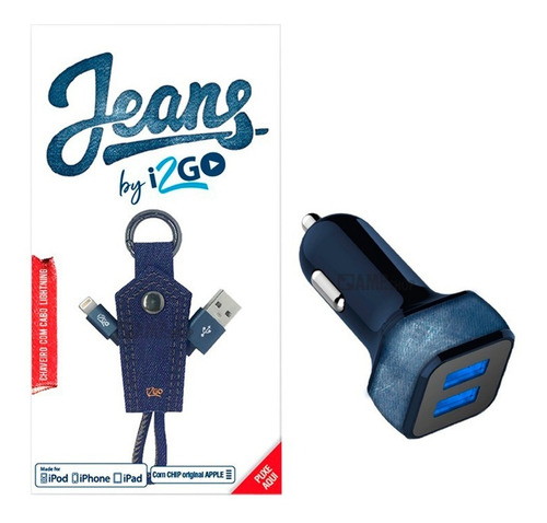 Kit Jeans Carregador Veicular + Chaveiro + Cabo Lightning