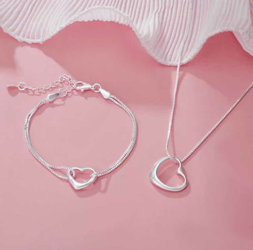 Conjunto Pulsera + Cadena Con Dije De Corazón De Plata 925