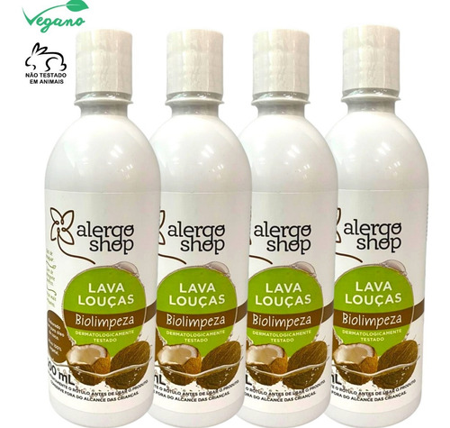 Kit 4 Lava Louça Hipoalergênico Sabão Cocô Detergente 500ml