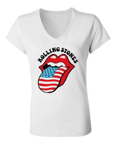 Remera Mujer Escote V -  Rolling Stones Eeuu Logo
