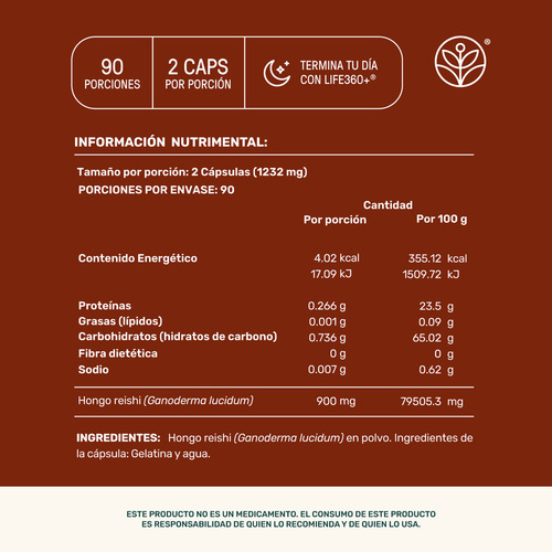 Reishi Mushrooms Life 360+ 180 Cápsulas Con Hongo Reishi