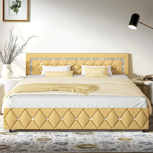 Base De Cama King Size Hombck C/cabecera Capitonada Amarillo
