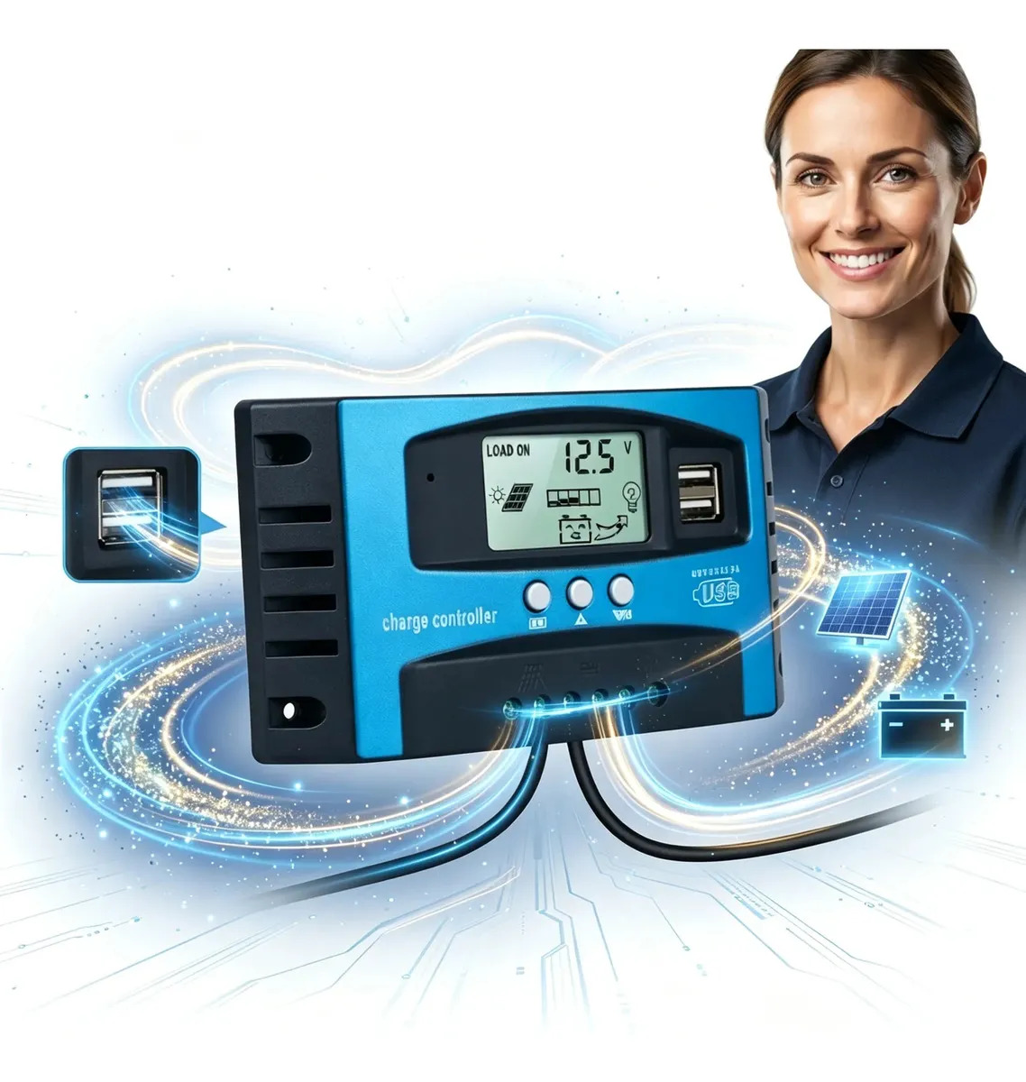Controlador de Carga Solar MPPT para Panel, con Enchufe USB y Protección Joygod