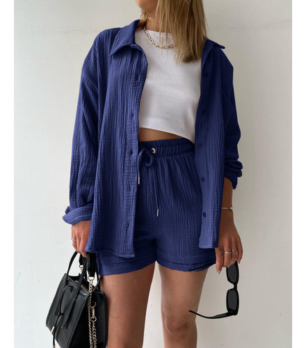 Conjunto De Camisa Y Pantalón Con Solapa Y Manga Larga