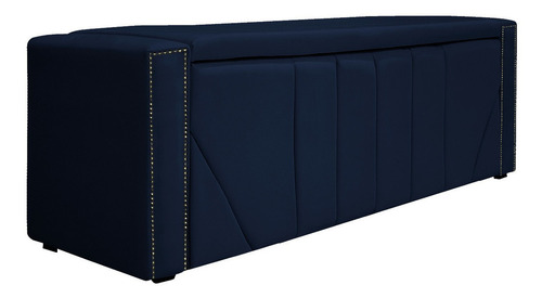 Kit Cabeceira E Calçadeira Baú Solteiro Minsk P02 90cm Suede Cor Azul-marinho