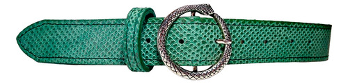 Cinturón Verde. Cuero Serpenteado. Hebilla Plateada Circular Verde Serpenteado 100