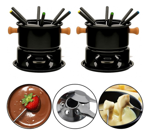 Kit 2 Conjuntos Fondue Aço 11 Peças Chocolate Carne Queijo
