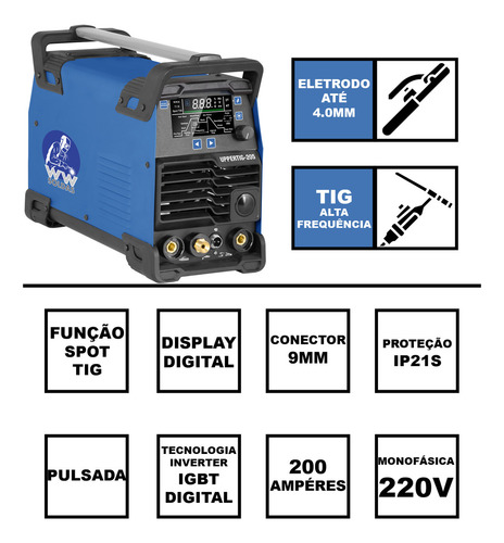 Máquina De Solda Inversora Tig Pulsada Alta Frequência Mma E Spot Tig, Uppertig-205 200a 220v Wwsoldas