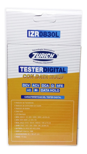 Imagen 4 de 5 de Tester Multimetro Digital Zurich Izr0830l Buzzer Holder