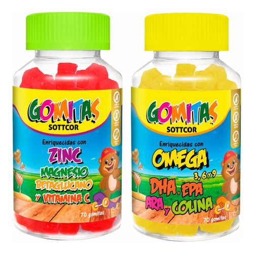 Pack Zinc + Omega Para Niños 100g Gomitas Sottcor Sabor Chicle/naranja