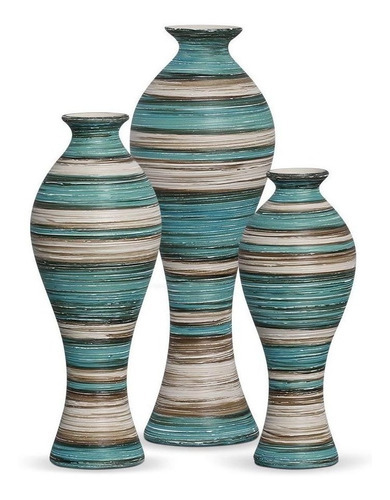 Trio Vaso De Cerâmica Para Decoração De Mesa Azul Califórnia