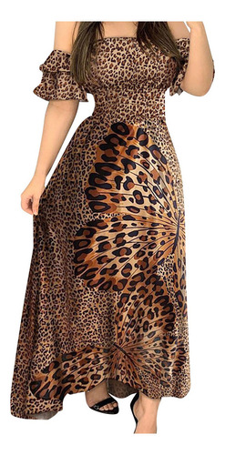 B Vestido Largo Mujer Leopardo Estampado Sin Tirantes Manga