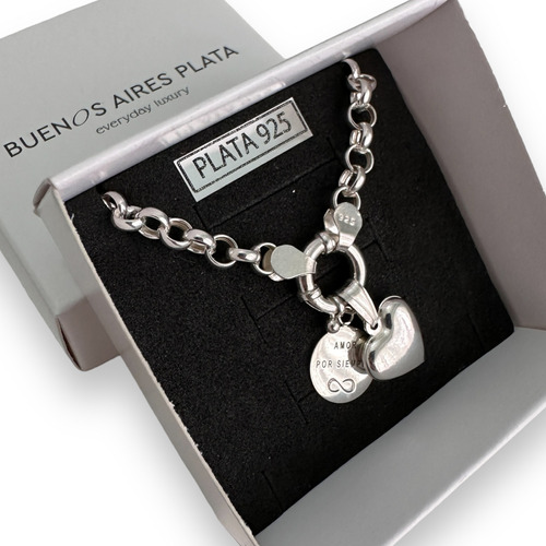 Pulsera Roló Plata 925 Italiana Dije Corazón Amor Mujer