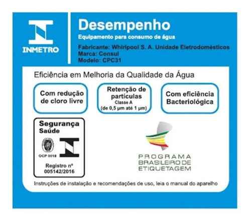 Purificador Água Consul Cpc31ab Certificado Inmetro Nota A