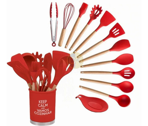 Kit Utensilios Cozinha 13 Peças Silicone Cabo Mdf Vermelho