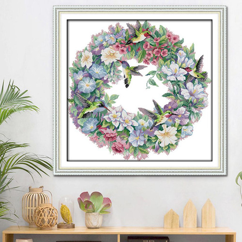Kit De Estampado Cuadros Colibríes Flores 14ct 51x50cm