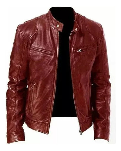 Chaqueta De Cuero Con Cremallera Para Hombre