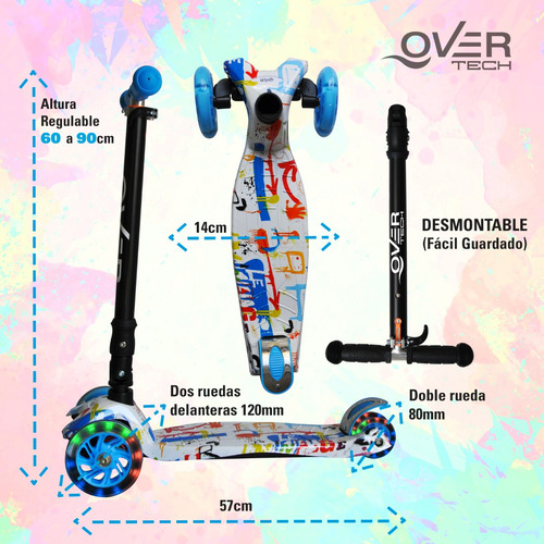 Imagen 6 de 10 de Monopatin Overtech Plegable Niños 4 Ruedas Led Reforzado 80k