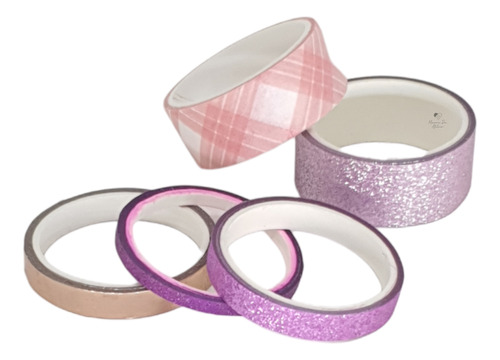 Kit Fita Adesiva Washi Tape Foil Gliter Rosa 2m 5 Unidades