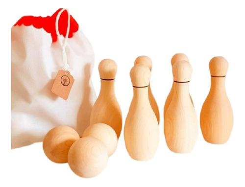 Juego Bowling 10 Pinos 18 Cm Madera Juguete Artesanal Baum