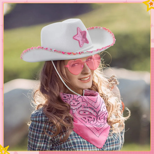 Sombrero Vaquero De Fiesta+lentes Forma De Corazon Y Pañuelo