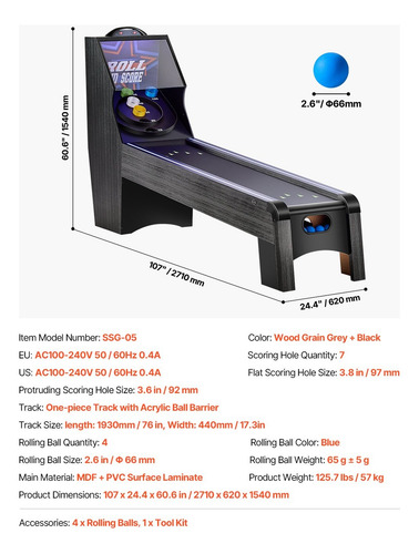 Mesa De Juego Arcade Roll & Score 9ft Eléctrico Led 4 Bolas