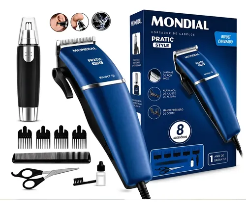 Kit Máquina Corta Cabelos Pelos Nariz Orelha Mundial Bivolt Azul Bivolt
