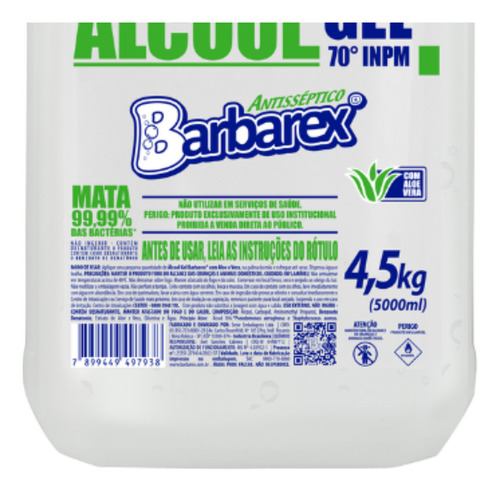 Álcool em Gel 70% Elimina 99,9% com Aloe Vera 4,5kg Barbarex