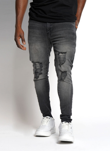 Jean Bross Super Skinny Negro Bigote Laser Rotura