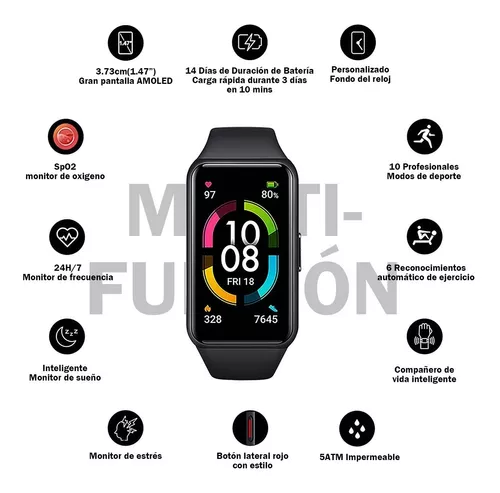HONOR Reloj inteligente Band 6 Fitness Tracker para hombres y mujeres,  pantalla a color AMOLED de 1.47 pulgadas, SpO2, monitor de frecuencia  cardíaca 24H, duración de la batería de 14 días, rastreador de ciclo  femenino, impermeable  