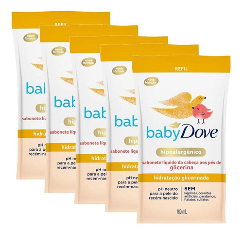 Kit 5 Sabonetes Líquido Baby Dove Hidratação 180ml Refil