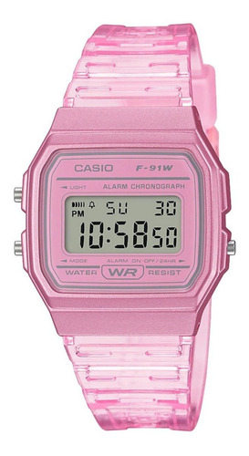Imagen 1 de 2 de Reloj pulsera Casio Collection F-91 de cuerpo color rosa, digital, fondo gris, con correa de resina color transparente y rosa, dial negro, minutero/segundero negro, bisel color rosa y hebilla simple