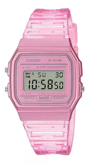 Reloj pulsera Casio Collection F-91 de cuerpo color rosa, digital, para hombre, fondo gris, con correa de resina color transparente y rosa, dial negro, minutero/segundero negro, bisel color rosa y heb